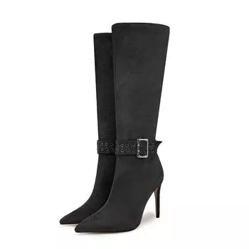lenkisen Осенне-зимняя обувь из флока на очень тонком каблуке с металлической пряжкой, современные сапоги, сохраняющие тепло, модные сапоги до колена 34 чёрный