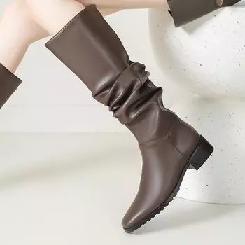 Lenkisen Flock PU Autumn Winter Shoes Thick Med Heels Pleated Decoration Boots European Style Keep Warm Solid Color Fashion Thigh High Boots