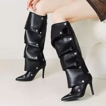 Lenkisen PU Autumn Winter Shoes Pointed Toe Super Stiletto High Heels Strange Style Pleated Keep Warm Rivets Fashion Thigh High Boots