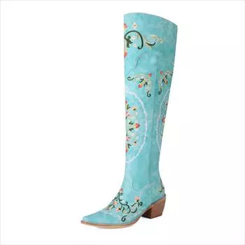 lenkisen ПУ Осенне-зимние туфли Острый нос Толстые высокие каблуки Художественный дизайн Живопись Кожаные теплые модные сапоги выше колена 34 бежевый