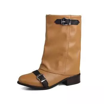 Осенне-зимние ботинки Lenkisen из искусственной кожи с круглым носком, толстым каблуком среднего размера, металлической пряжкой, сохраняющим тепло, модные сапоги до середины голени 34 чёрный