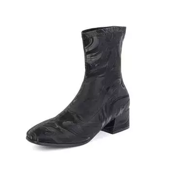 Lenkisen PU Autumn Winter Shoes Thick Med Heels Printing Oriental Design Chelsea Boots Keep Warm Patterens Leather Ankle Boots 34 чёрный