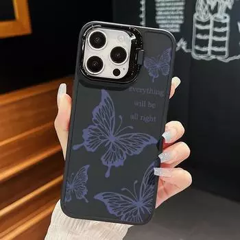 Lens Stand Beautiful Butterfly Print Matte Phone Case For iPhone 16 Pro Max 15 Pro 14 13 12 11 Camera Bracket Soft TPU Shockproof Bumper Cover iPhone 16 чёрный