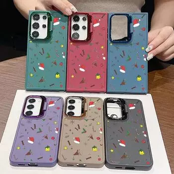 Lens Stand Lovely Merry Christmas Pattern TPU Soft Case For Samsung S24 Plus S23 Ultra A16 A55 A54 A35 A15 A34 A14 A53 Matte Shockproof Phone Cover Samsung S24 чёрный