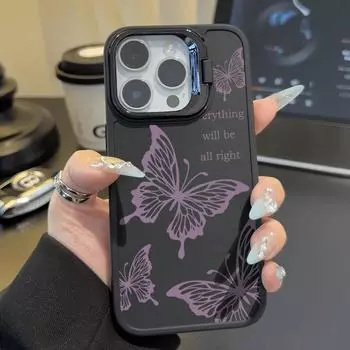 Lens Stand Purple Butterfly Print Matte Phone Case For iPhone 16 Pro Max 15 14 Pro 13 12 11 Camera Bracket Shockproof Soft TPU Bumper Cover iPhone 16 чёрный
