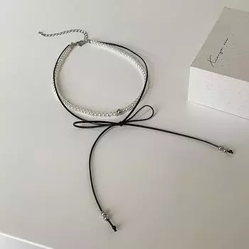 Лента бант жемчуг двухслойное ожерелье женский нишевый дизайн чувство ретро индивидуальность простая универсальная цепочка на шею ключичная цепочка