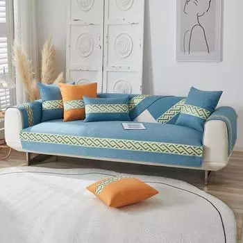 Лента, хлопковая и льняная подушка для дивана, простой современный кожаный чехол для дивана, нескользящая подушка, универсальный чехол для дивана Four Seasons, полотенце 70*70cm оранжевый