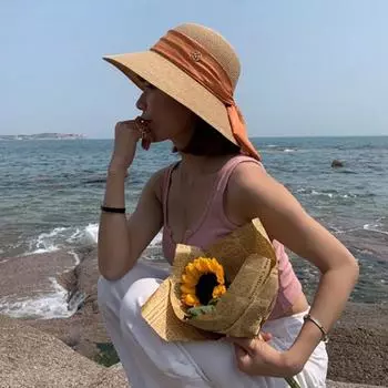 Лента с бантом, декор, шляпа от солнца, круглый купол, складная тонкая анти-УФ-лучевая женская соломенная солнцезащитная шляпа с большими полями