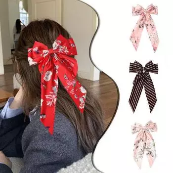 Лента с бантом, декор, заколка для волос, цветочный принт, держатель для хвоста, высокая эластичная веревка для волос на затылке, аксессуар для волос чёрный