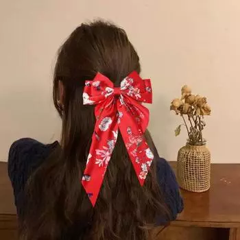 Лента с бантом, декор, заколка для волос, цветочный принт, держатель для хвоста, высокая эластичная веревка для волос на затылке, аксессуар для волос чёрный