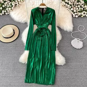 Lente Mode Celebrity Temperament V-hals Lange Mouwen Metallic Hoge Taille A-lijn Jurk Elegante Temperament Jurk Lange Jurk