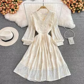 Lente Zachte Wind Temperament Fee Super Xiansen Afdeling Taille Sluiten Dunne Lange Mouwen V-hals Sequin Een-Woord Jurk S бежевый