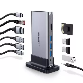 LENTION 11in1 Вертикальная док-станция USB C HDMI Gigabit Ethernet Micro Card Reader Проводная локальная сеть Совместимость с PD Макс. 100 Вт Mini Jack USB Type C typec