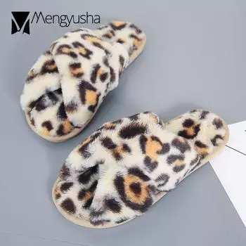 Leopard Cross band fur slippers women flat antiskid warm furry slides plush winter shoes woman indoor cozy cotton pantuflas 2024 6 бежевый