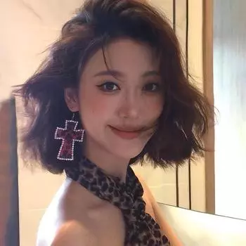 Leopard Cross Earrings Y2g Millennium Sexy Niche Earrings Retro Early Ins Japanese Style Punk Exaggerated Earrings for Women Red [with pierced ears]]