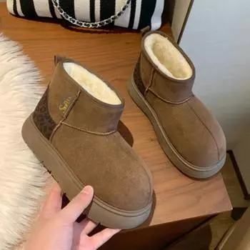 Leopard Flats Suede Ankle Snow Boots Women Warm Plush Cotton Shoes Brand Fashion Casual Shoes Woman Trend Non Slip Botas Mujer 35 черный оливковый