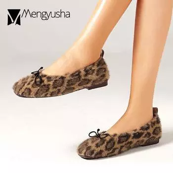 Туфли на плоской подошве с леопардовым принтом, женские мокасины с квадратным носком и бантом, женские зимние плюшевые туфли, мокасины из флиса, большие размеры 35-42 5 абрикосовый