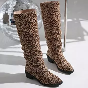 Leopard Knee High Heels Boots Women Shoes Winter 2025 Trend New Chelsea Casual Suede Chunky Shoes Sexy Snow Pumps Botas Mujer 36 коричневый