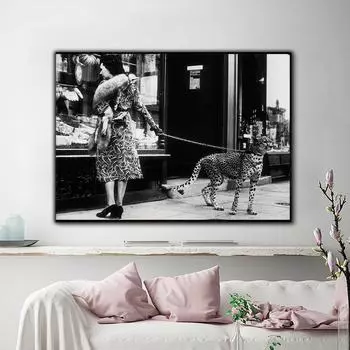 Леопард на поводке с принтом гепарда, винтажное фото животного, черно-белое музейное качество, художественный постер, модный декор для спальни, стены 21x30cm No Framed