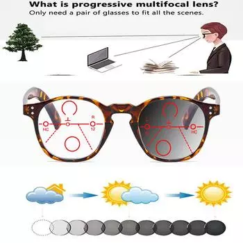 Leopard PC Full-rim Trendy Retro Round Oversized Comfortable Photochromic Progressive Multifocal Reading Glasses +0.75 To +4 +0.75 коричневый