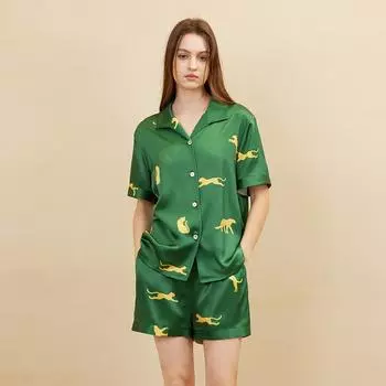 Leopard Print 100% Mulberry Silk Home Wear Pajamas Women s Short-sleeved Shorts Suit Pajamas Pajamas Casual Silk Pajamas M золотой