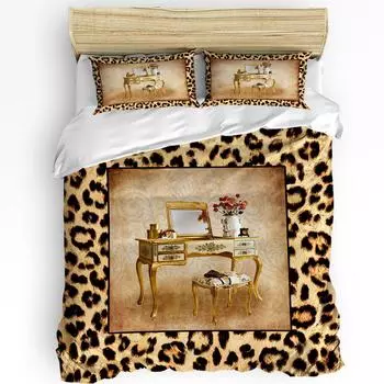 Leopard Print Animal Skin Texture Dressing Table Duvet Cover with Pillow Case Bedding Set Quilt Cover Double Bed Home Textile EU single(135x200cm)