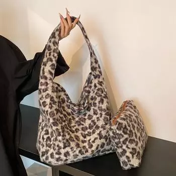 Сумка с леопардовым принтом Женская вместительная шерстяная сумка через плечо Сумка для покупок для мамы и ребенка Классическая сумка-тоут для поездок на работу серый