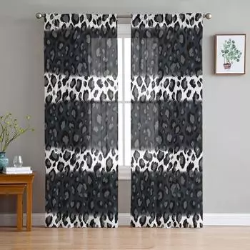 Leopard Print Black White Striped Sheer Curtains for Living Room Decoration Window Curtains Kitchen Tulle Voile Organza Curtains W135 x H115cm x1