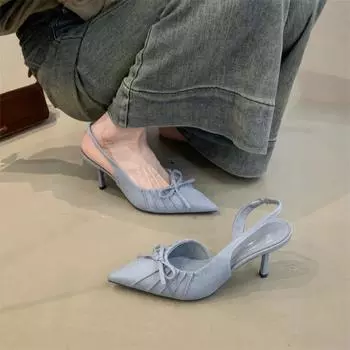 Leopard Print Bow Pointed Head Bag Head Empty Sandals Thin Heel High Heel Women S Single Shoes 35