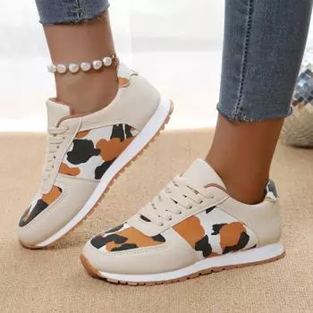 Leopard print casual single shoes women s 2024 hot-selling 2025 European and American round head thick sole color matching low-top sports shoes 36 белый