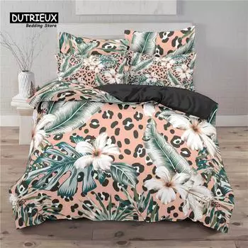 Leopard Print Duvet Cover Feather Tropical Leaves Flowers Bedding Set Queen Microfiber Floral Print Quilt Cover With Pillowcases EU single(135x200cm)