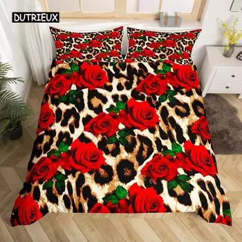 Leopard Print Duvet Cover Set Queen Size Red Floral Petal Pattern Comforter Cover Branches Green Leaf Cheetah Print Quilt Cover EU single(135x200cm)