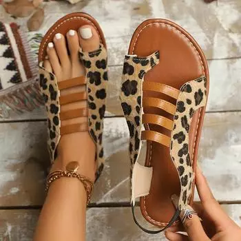 Leopard Print Gladiator Sandals Women 2025 Summer Ring Toe Lightweight Beach Shoes Woman Roman Style Elastic Band Flat Sandalias 36 светло-коричневого