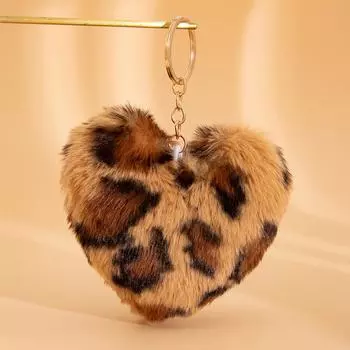 Leopard Print Heart Pendant Keychain with Fur Ball