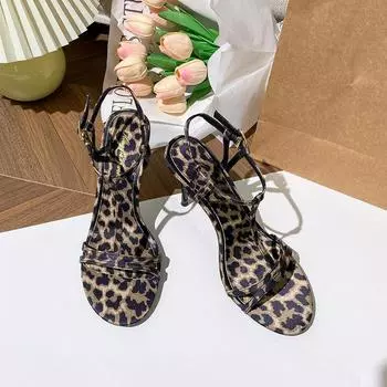 Leopard print high heels women s summer new one-word with thin heels temperament beautiful imperial sister sexy fashion sandals 34