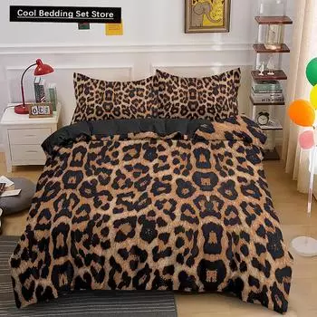 Leopard Print King Queen Duvet Cover Brown Cheetah Skin Pattern Bedding Set for Teens Girl Women Leopard 2/3pcs Soft Quilt Cover EU single(135x200cm)