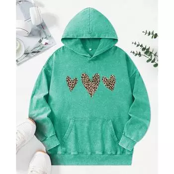 Leopard Print Love Printing Washed Hoodies Women Cotton Hip Hop Streetwear Fashion Comfortable Hoody Oversized M
