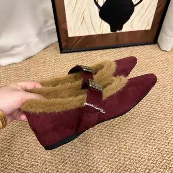 Leopard print Mary Jane single shoes autumn and winter new pointed small inner height increase plush shoes 34