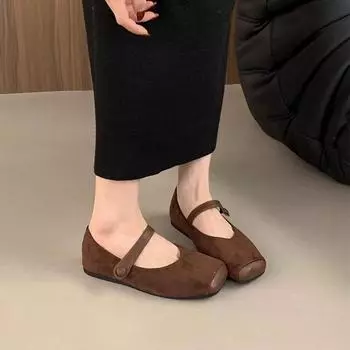 Leopard print suede square head shallow mouth single shoes women s spring and autumn new Korean version French commuter casual flat Mary Jane shoes 35 чёрный