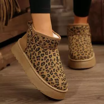 Leopard Print Thick Plush Snow Boots Women Winter Comfort Warm Cotton Shoes Woman Fashion Thick Sole Platform Ankle Boots 2025 35 коричневый