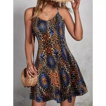 Платье-комбинация с леопардовым принтом и V-образным вырезом, отпускное платье без рукавов на весну и лето, женская одежда S