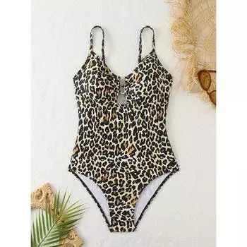Leopard Printed Cut Out Underwired Women Swimwear One Piece Swimsuit Female High Leg Cut Bather Bathing Suit Swim S коричневый