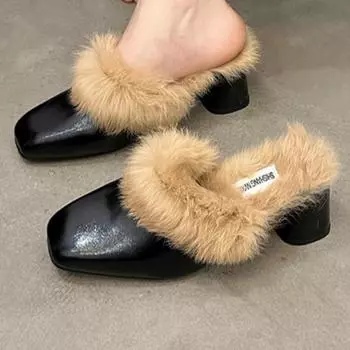 Leopard Slippers Women 2024 New Fashion Square Toe High Heels Sandals Casual and Versatile Baotou Slippers Women Slides Women 35 коричневый