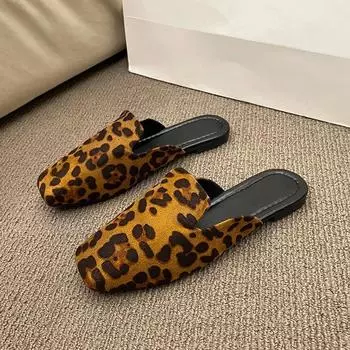 Leopard Women Mules Shoes Slippers Flats Suede Summer 2024 Square Toe Designer Outdoor Slingback Sandals Slides 35 серый