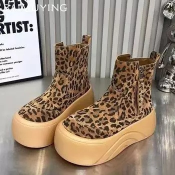 Леопардовая платформа женские зимние ботильоны замшевые туфли на плоской подошве зимняя мода ботинки 2024 тренд дизайнерские удобные ботинки для ходьбы женские 35
