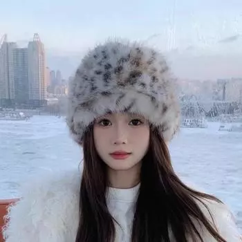 Леопардовая плюшевая шапка рыбака женская осенне-зимняя искусственный мех пятна леопардовый принт головной убор теплая защитная шапка для ушей one size белый