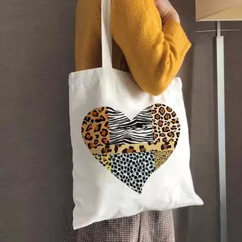 Леопардовая сумка для покупок с сердечком, женская холщовая сумка-тоут, сумка для покупок, складная тканевая сумка на плечо, женская многоразовая сумка для книг 24*26cm