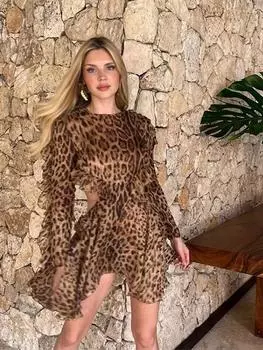 Леопардовое асимметричное женское платье с круглым вырезом и оборками на спине, весна-лето, милый женский мини-халат M леопардовый