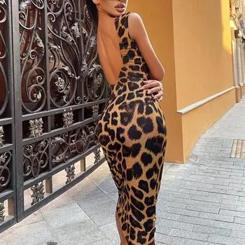 Леопардовое облегающее платье миди на бретельках, женское летнее платье Vestidos, платья для ночного клуба L