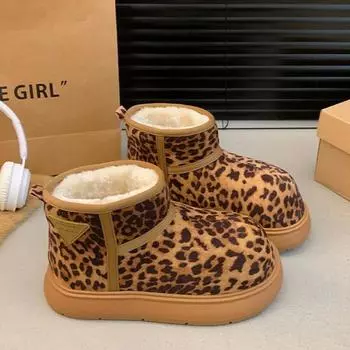 Леопардовые балетки из замши на щиколотку женские зимние сапоги на платформе модные зимние теплые плюшевые хлопковые туфли 2024 года тренд нескользящие удобные ботинки женские 35 коричневый